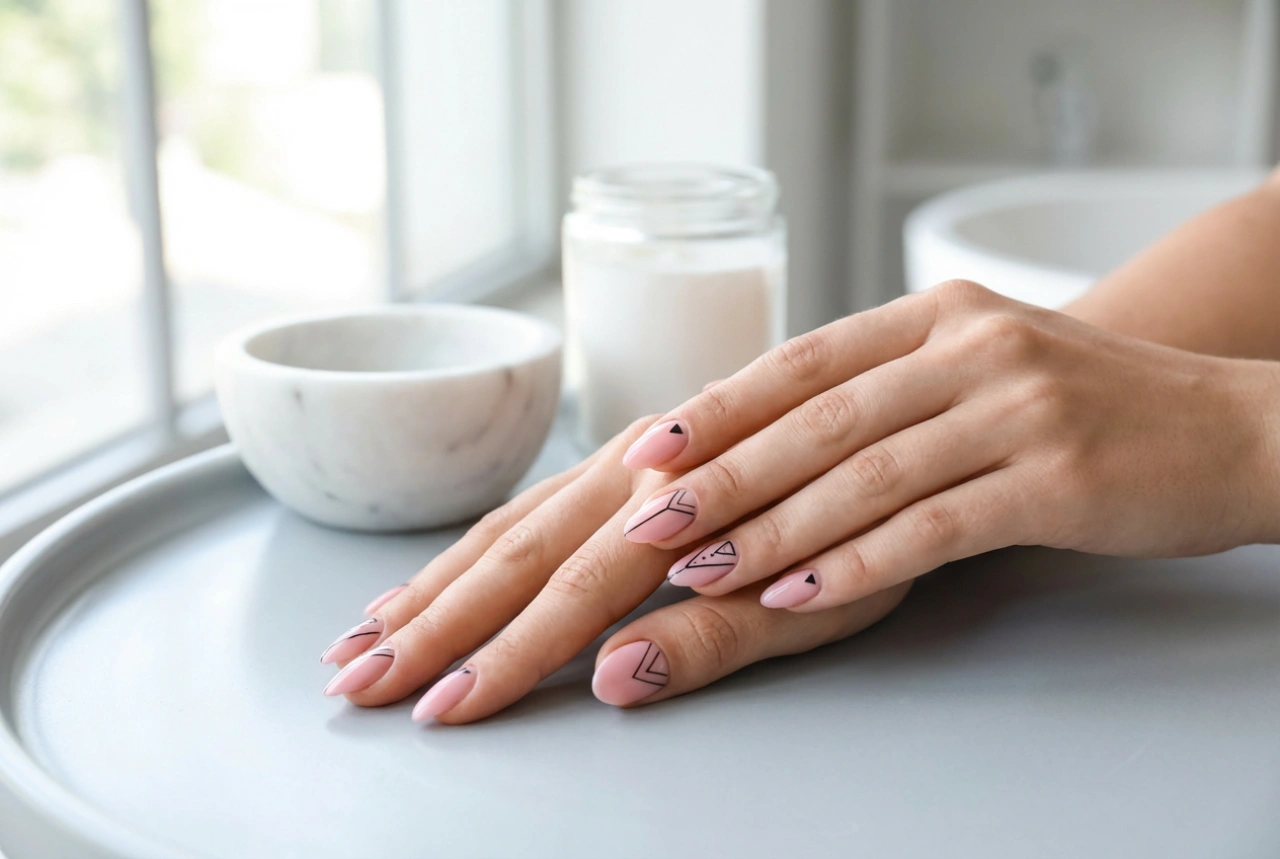 Unhas rosa com preto: padrões geométricos e linhas precisas