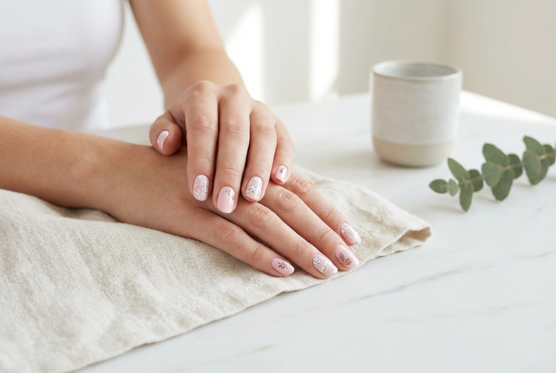 Unhas cor-de-rosa com flores: carimbos, adesivos e pintura à mão