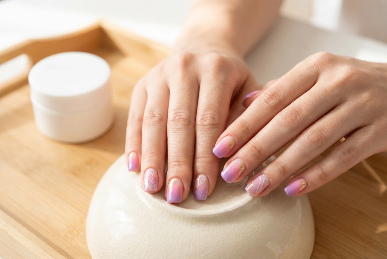 Unhas rosa e roxo: ombré, folhas metálicas e designs delicados