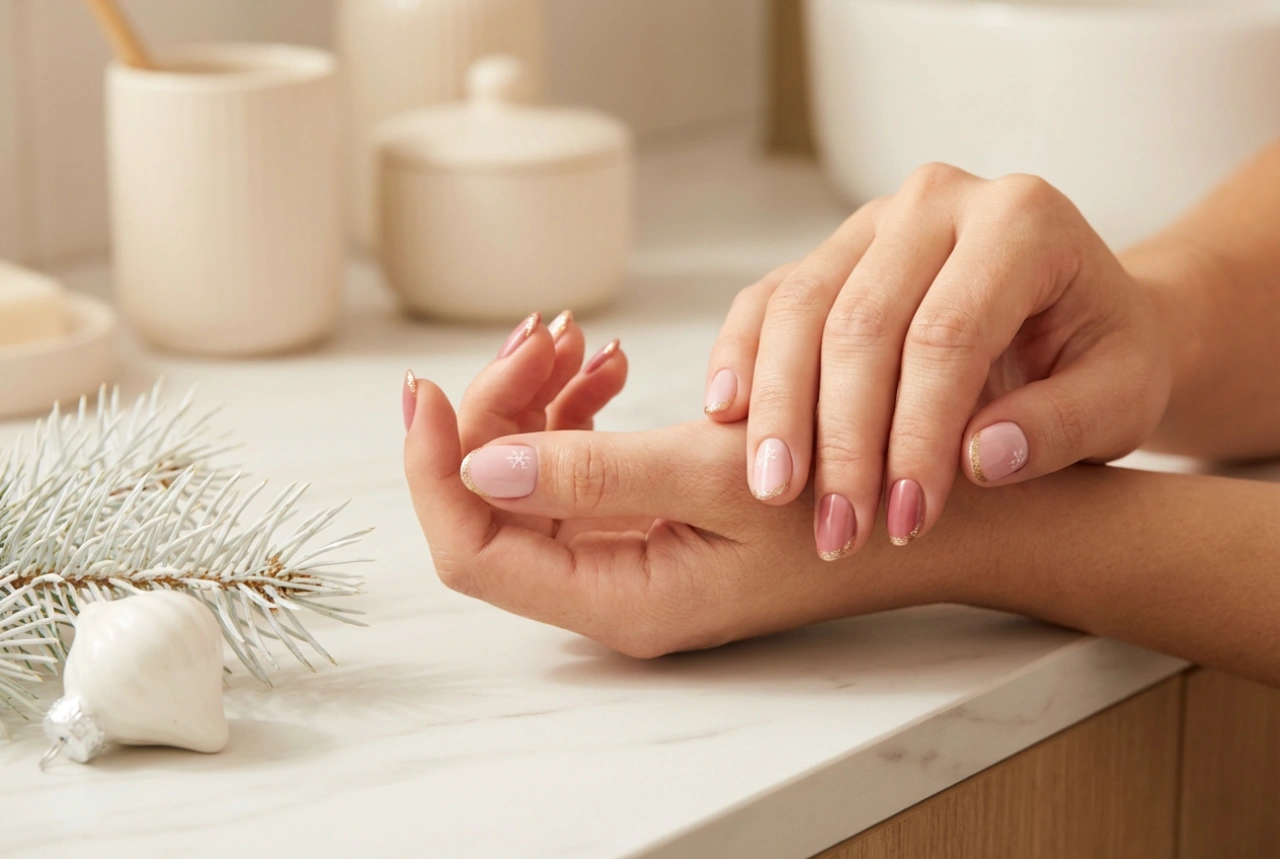 Unhas de Natal rosa: designs simples, glitter e autocolantes