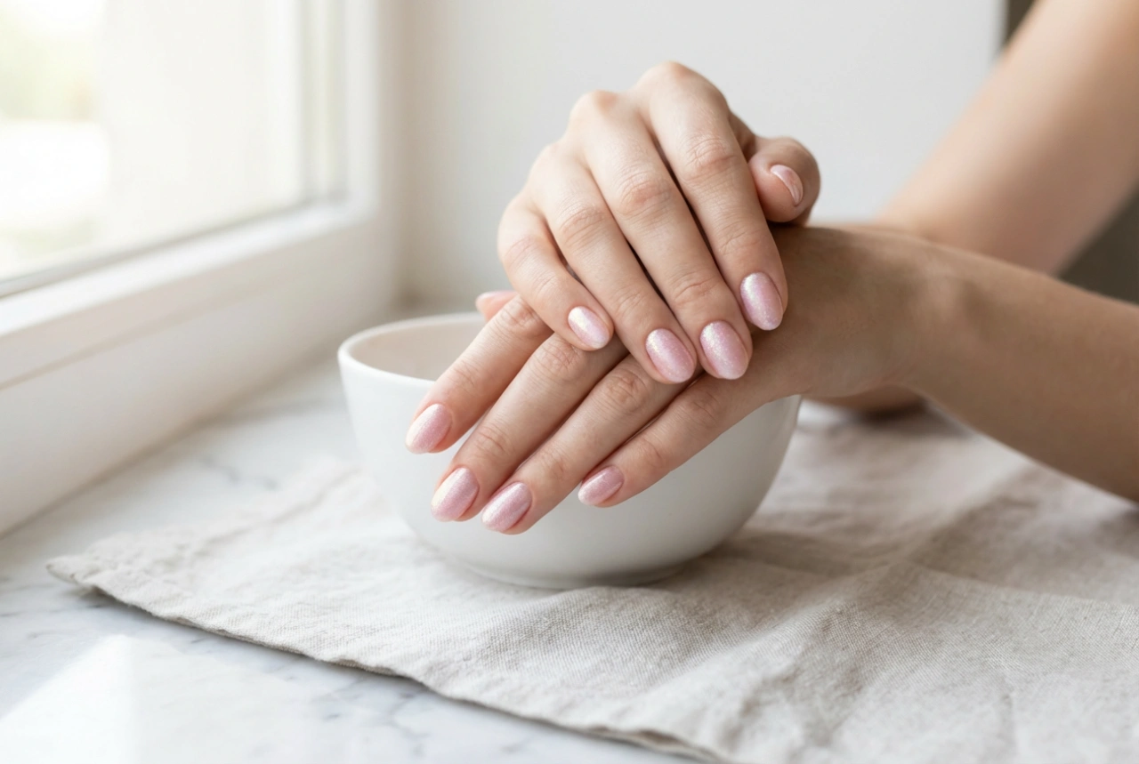 Efeito pólen nas unhas: unhas cor-de-rosa com pólen sem manchas