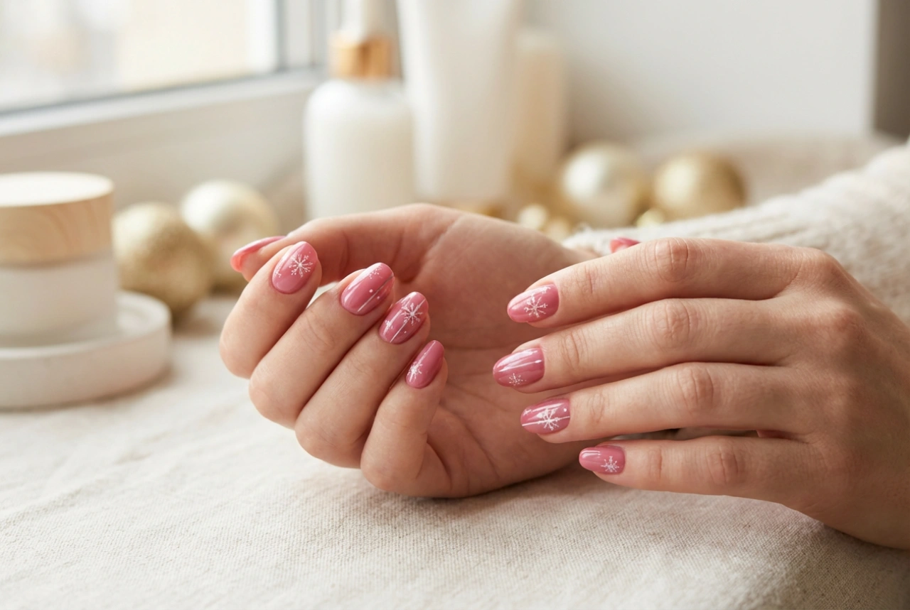 Natal em cor-de-rosa: unhas festivas com decorações simples