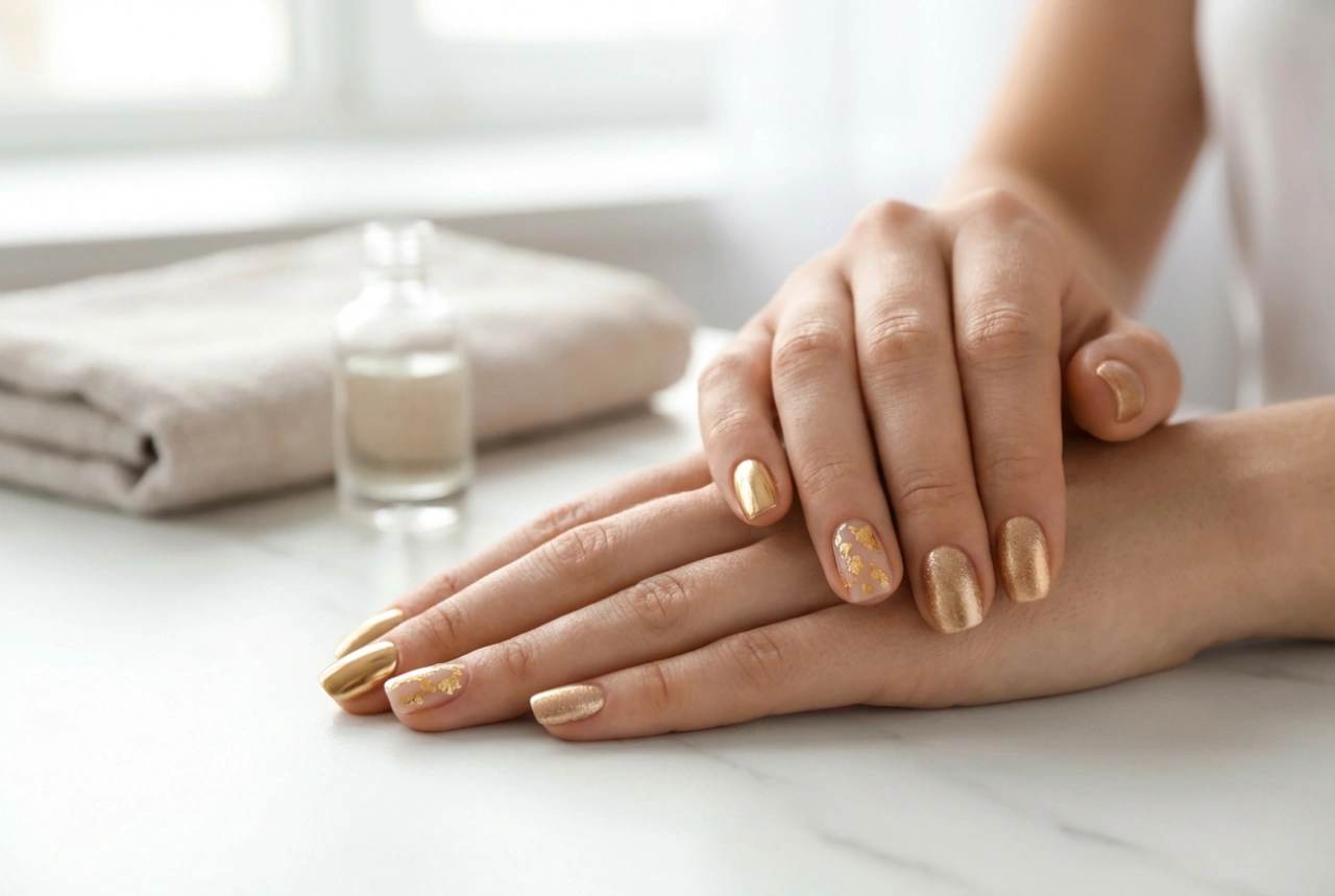 Unhas Douradas de Várias Maneiras: Pó, Folhas e Verniz Metálico