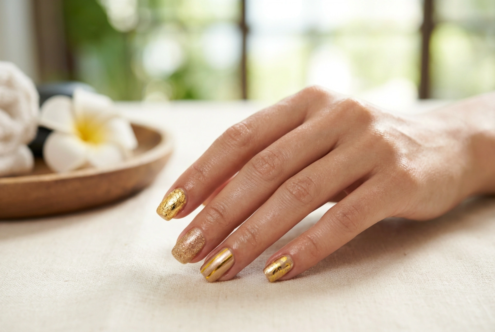 Decorações douradas nas unhas: técnicas com folhas, fitas, adesivos e pós