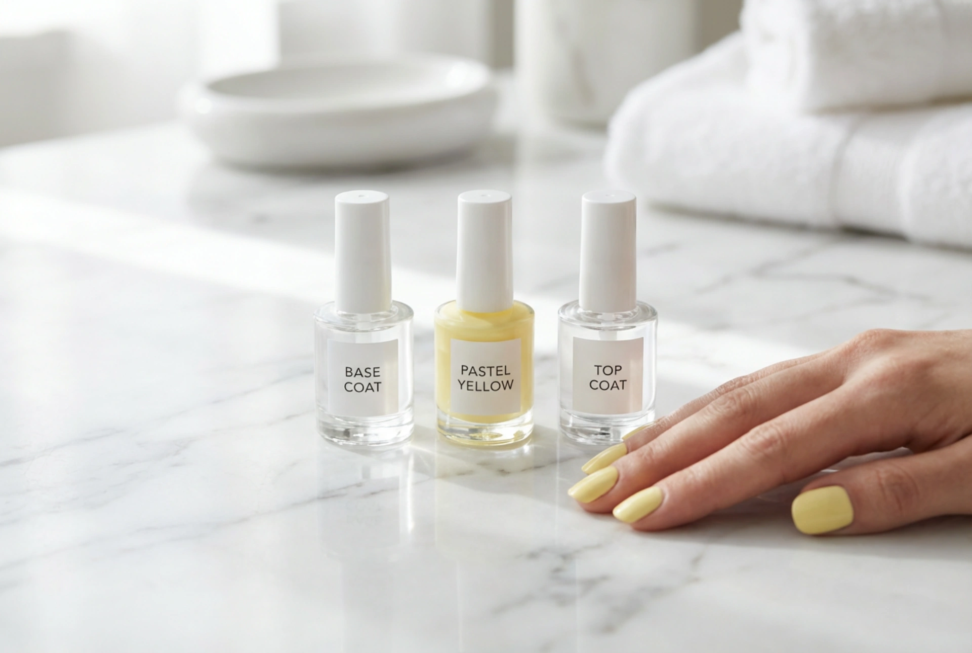 Unhas pastel amarelas sem manchas: base, camadas e finalização