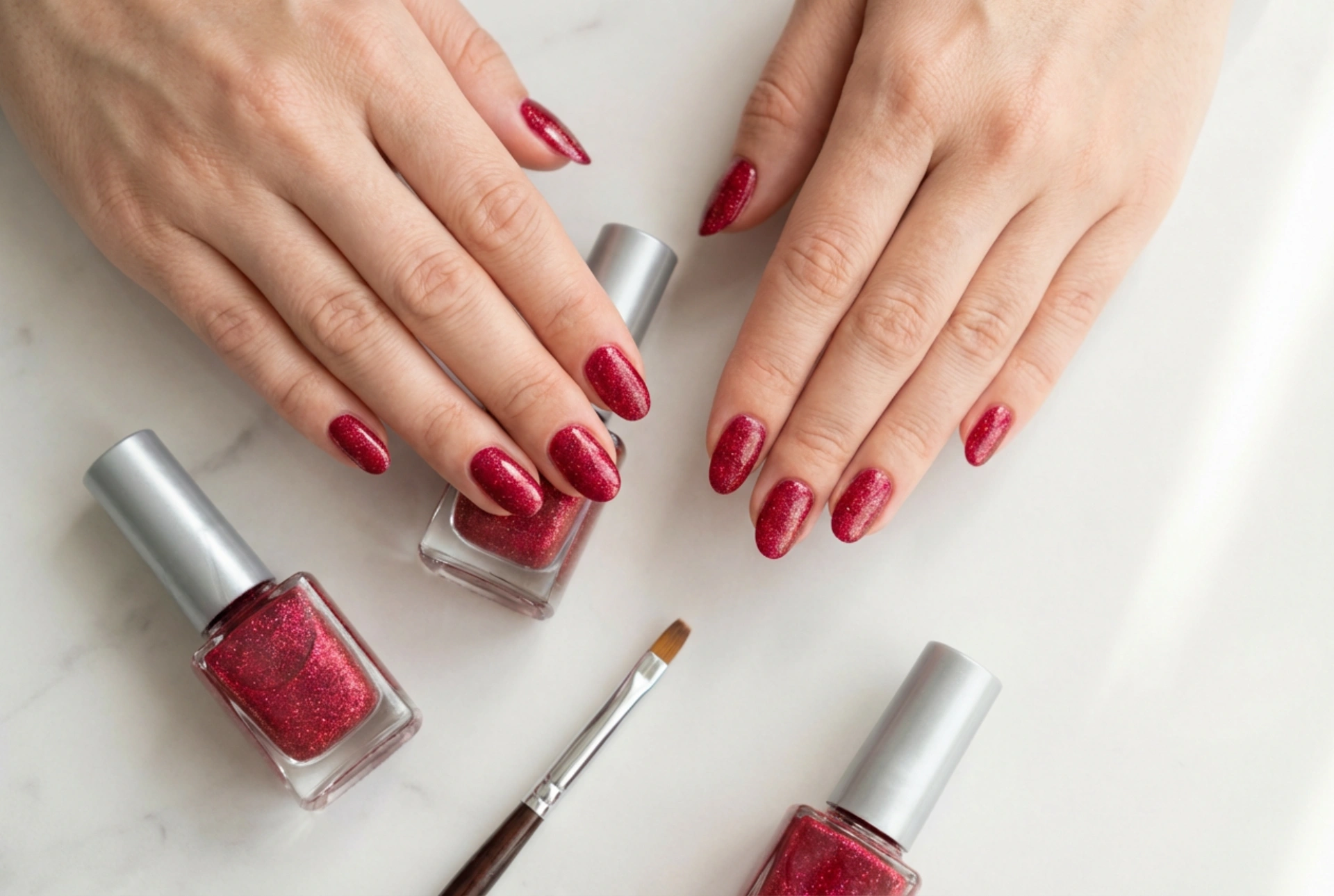 Unhas vermelhas com glitter passo a passo: base, glitter e finalização