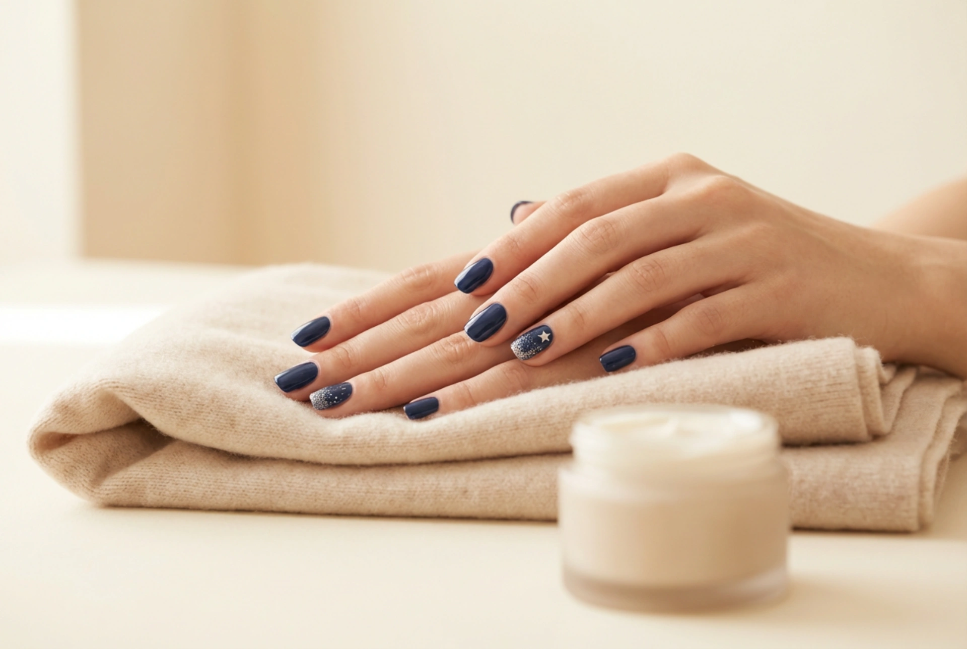 Unhas azul-marinho para as festas: técnicas com estrelas e glitter subtil