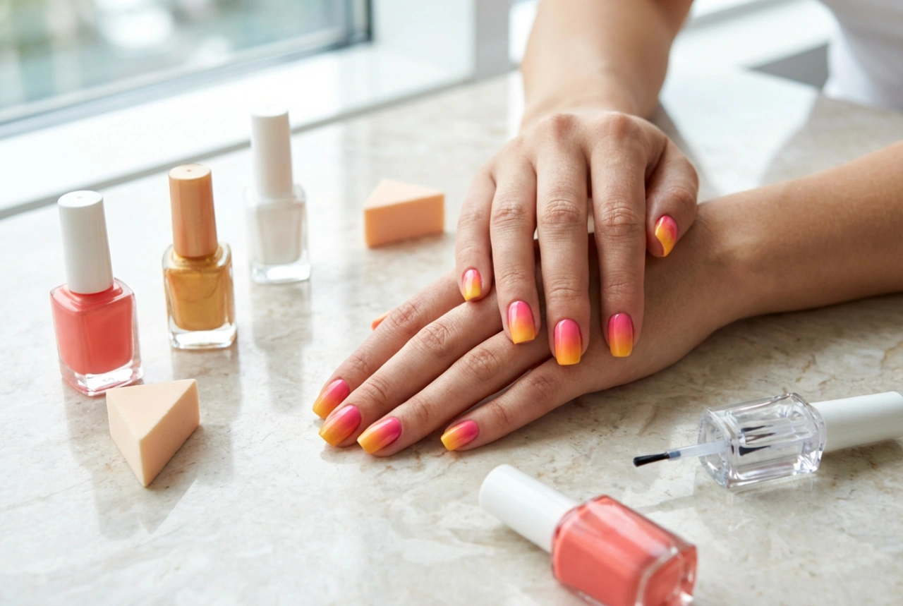Ombré colorido nas unhas: mistura de tons, técnica com esponja e fixação