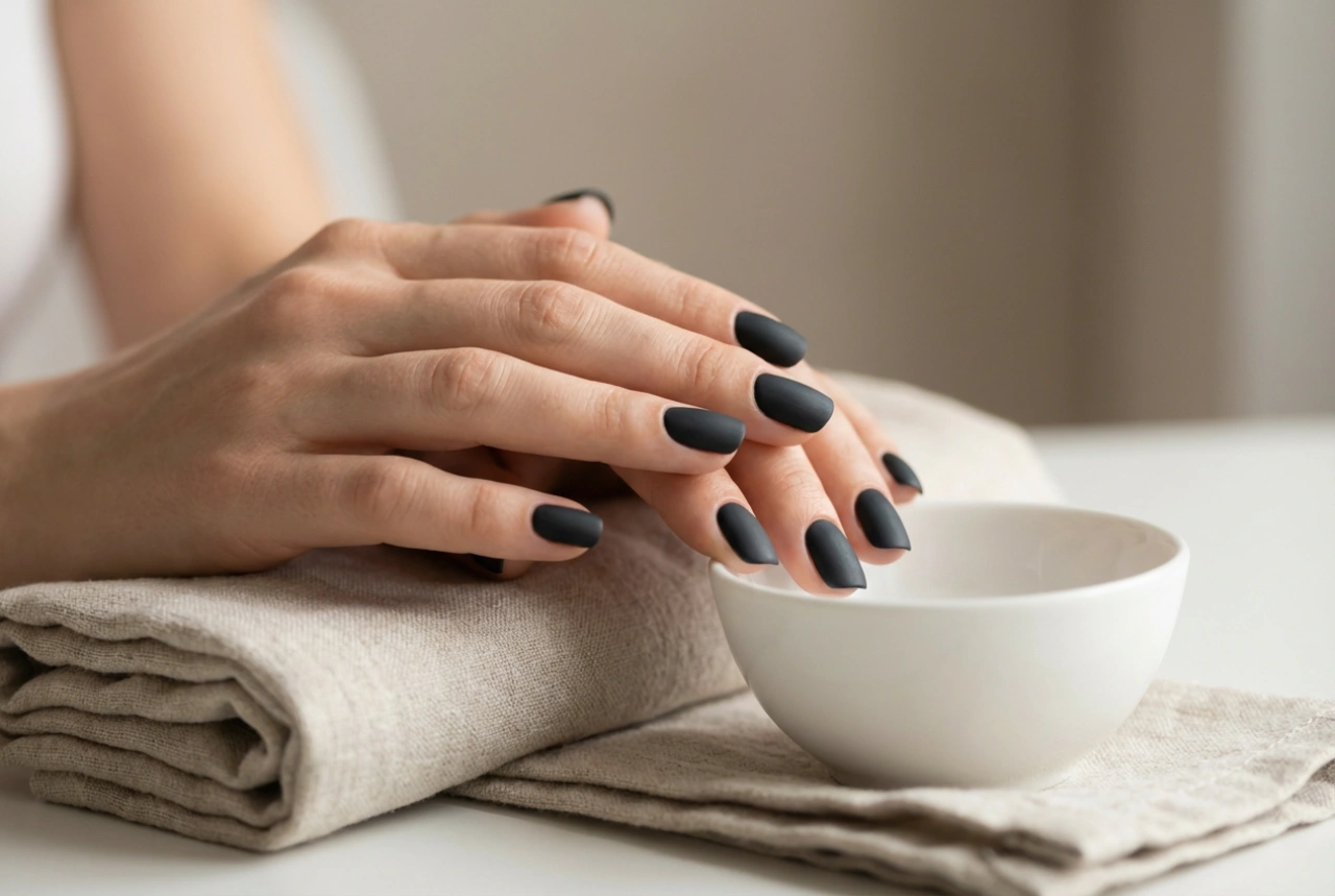 Acabamento preto fosco: unhas pretas foscas sem manchas e brilho