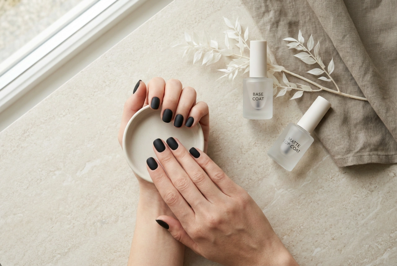 Unhas pretas foscas passo a passo: base, top coat fosco e finalização