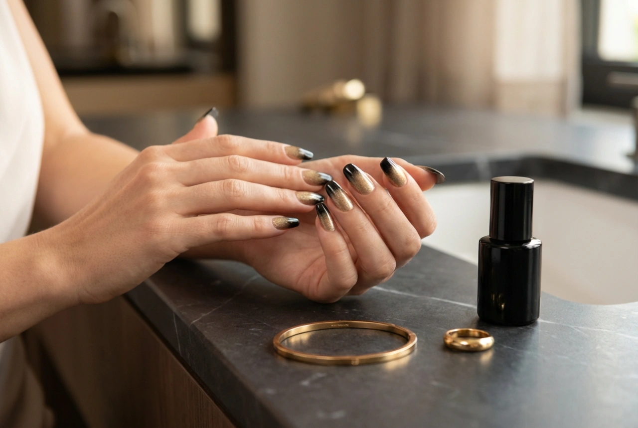 Unhas ombre preto e dourado: um efeito elegante para a noite