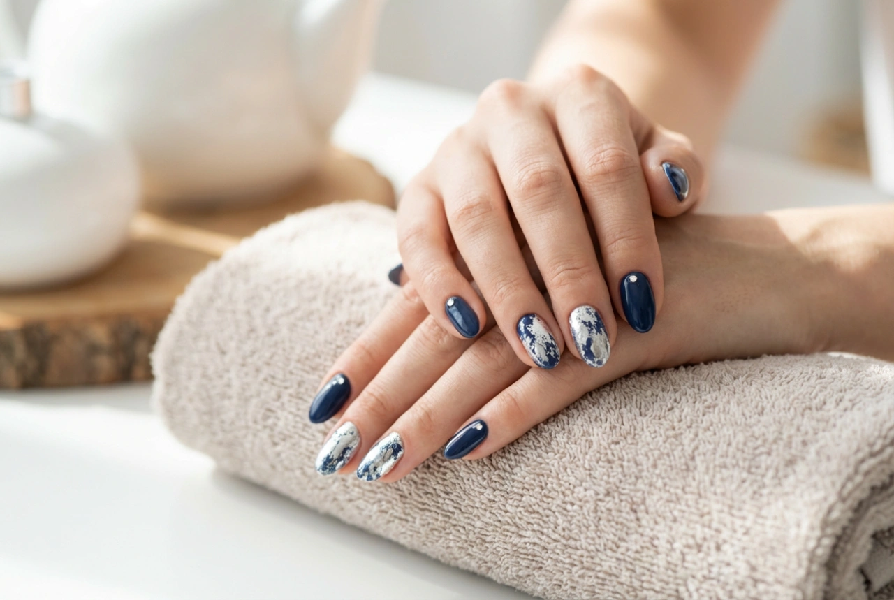 Unhas Azul-Marinho e Prata: Como Criar Decorações com Detalhes, Folhas e Strass