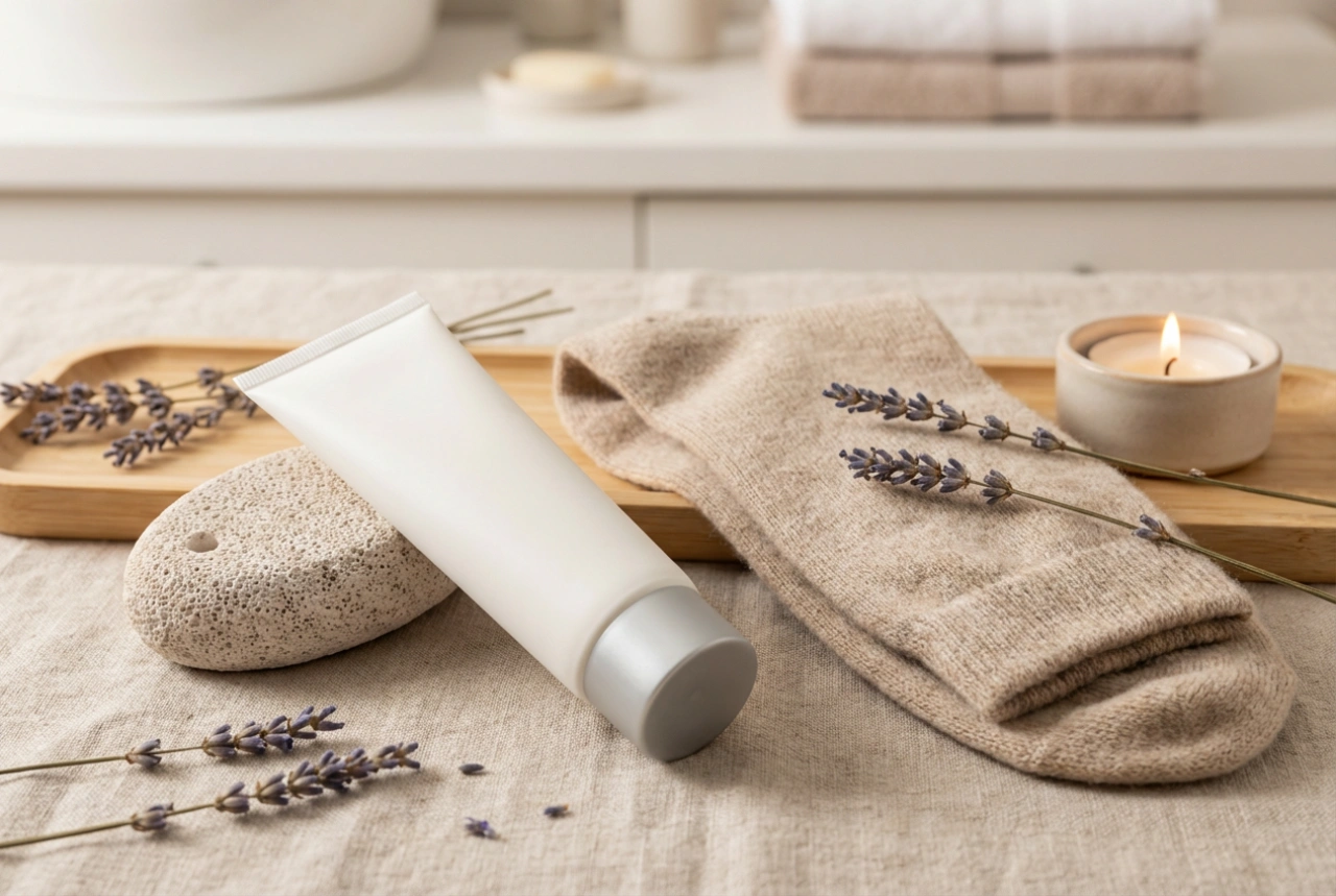 Creme para calcanhares gretados: rotina noturna, oclusão e esfoliação suave