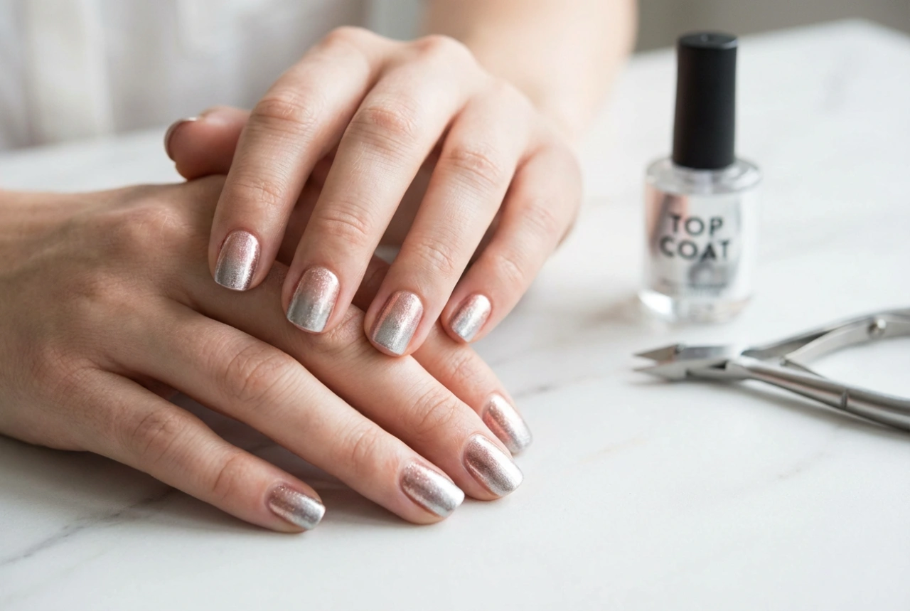 Unhas ombré metálicas: pós, aplicação e proteção com top coat
