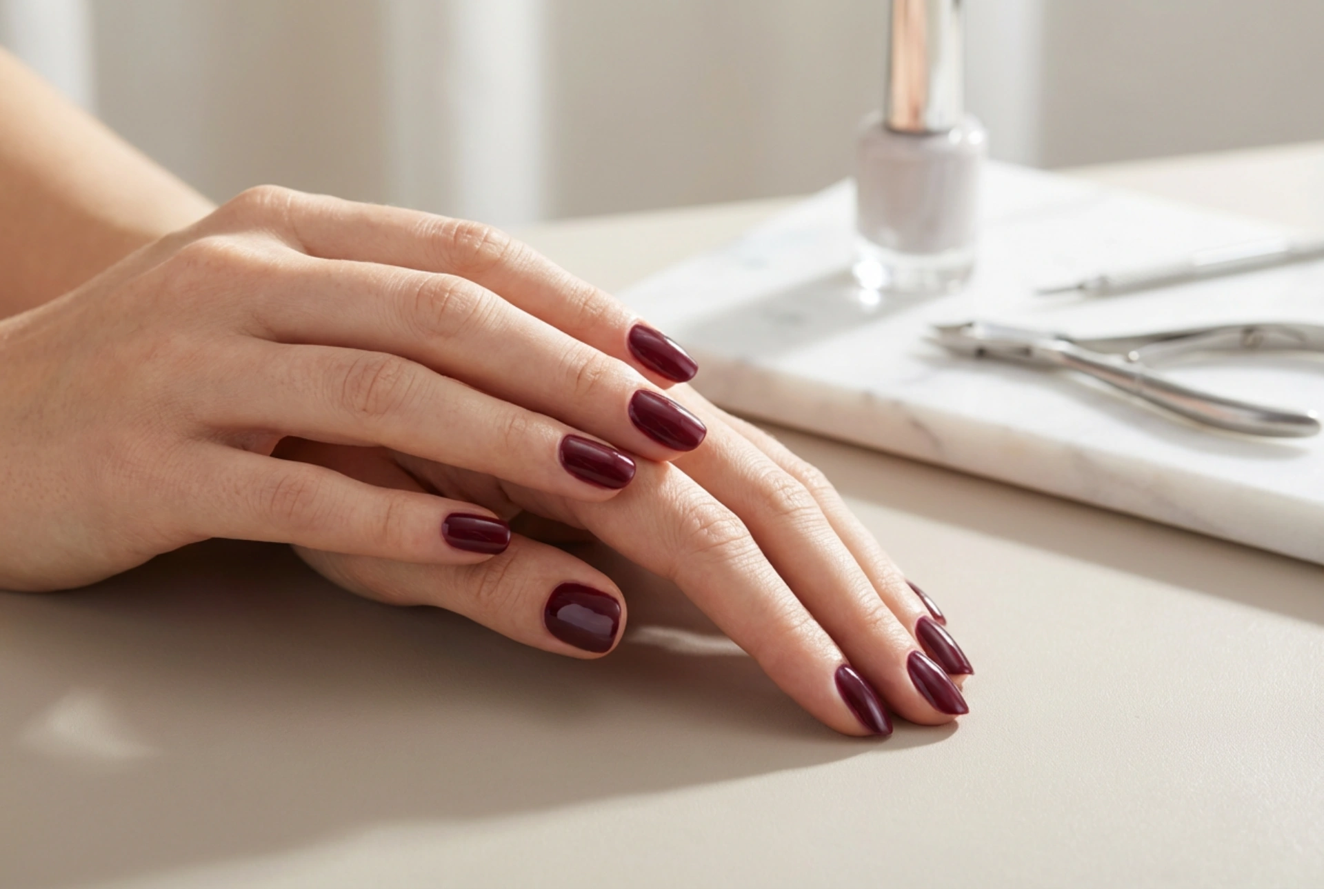 Verniz de gel bordô: cobertura uniforme de cor escura passo a passo