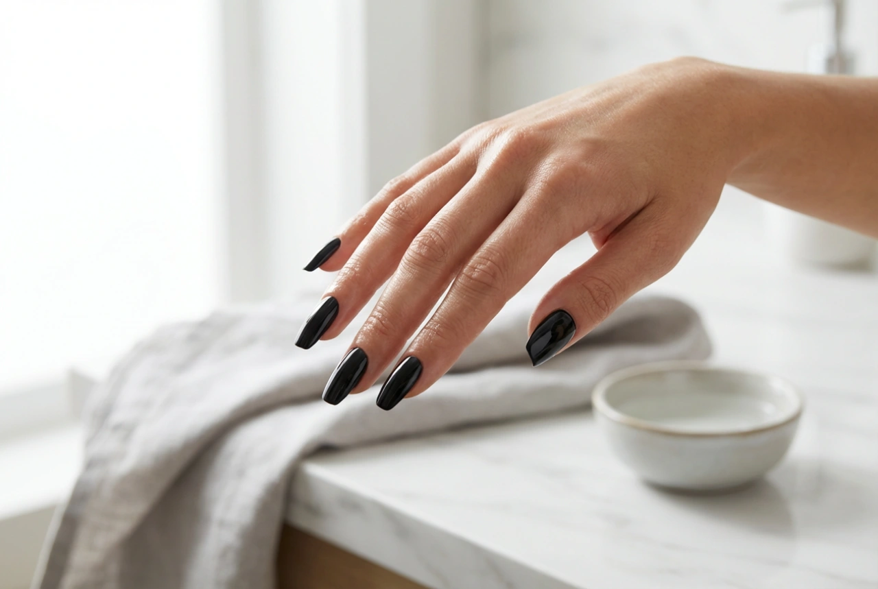 Verniz de gel preto sem manchas: preparação, camadas, top coat