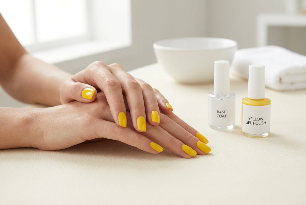 Verniz de gel amarelo sem manchas: base de cor e camadas finas