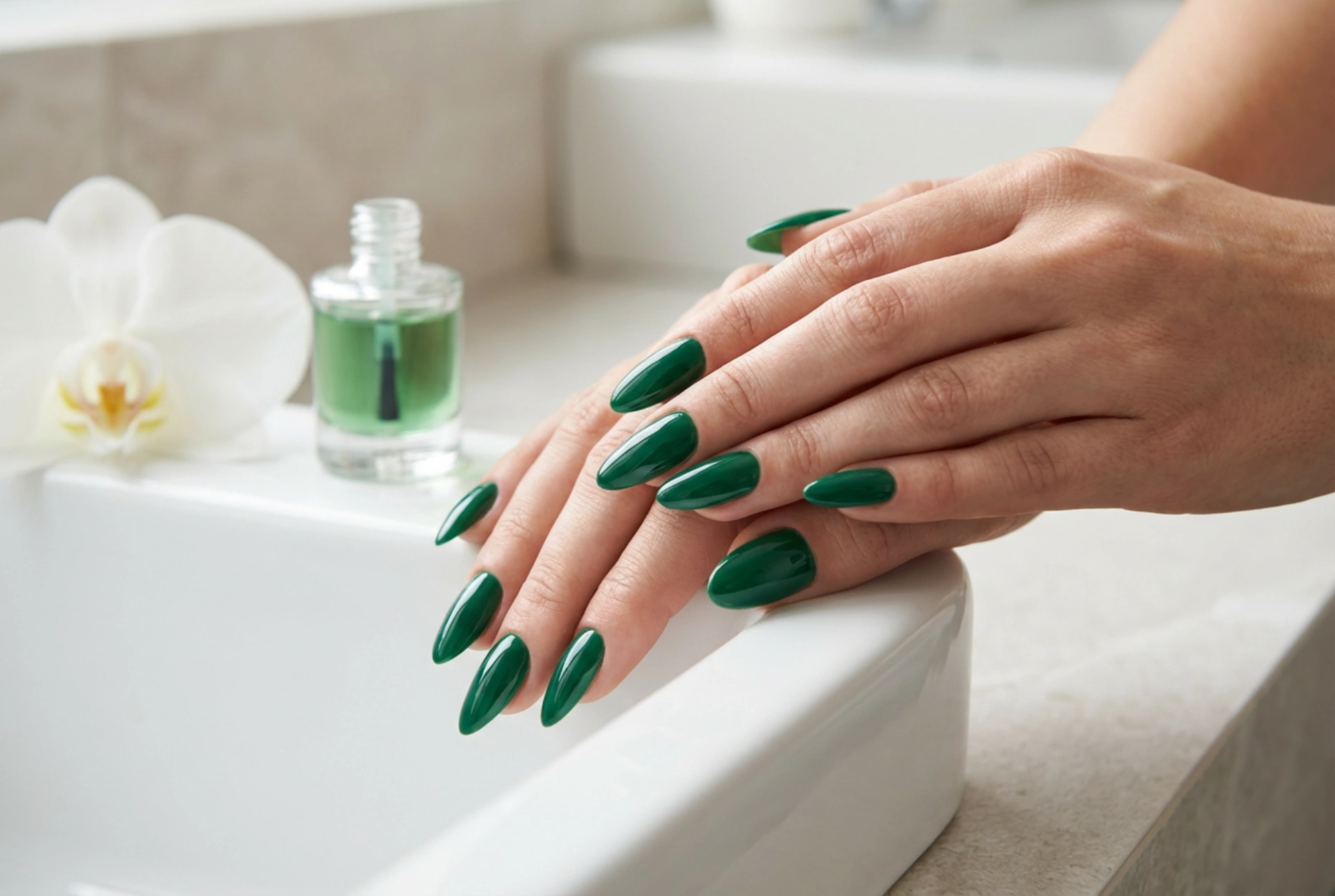 Verniz de unhas verde sem riscos: preparação da placa ungueal, camadas, acabamento