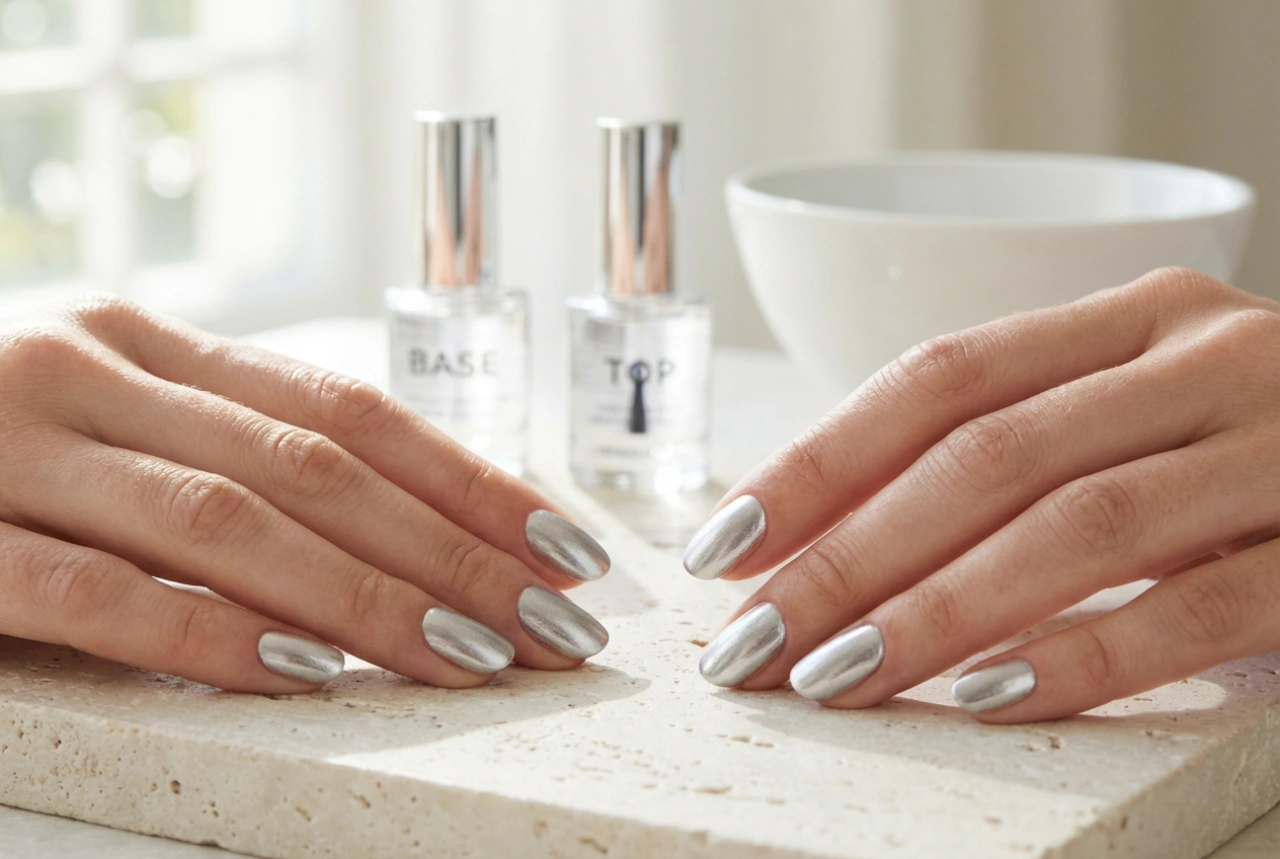 Verniz de Unhas Prateado Sem Riscas: Base, Camadas Finas e Top Coat
