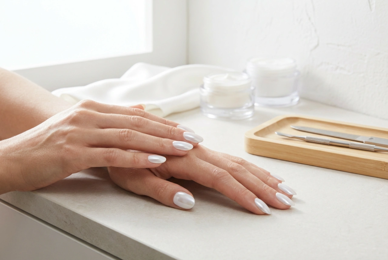 Unhas claras com pó: efeito espelho delicado passo a passo