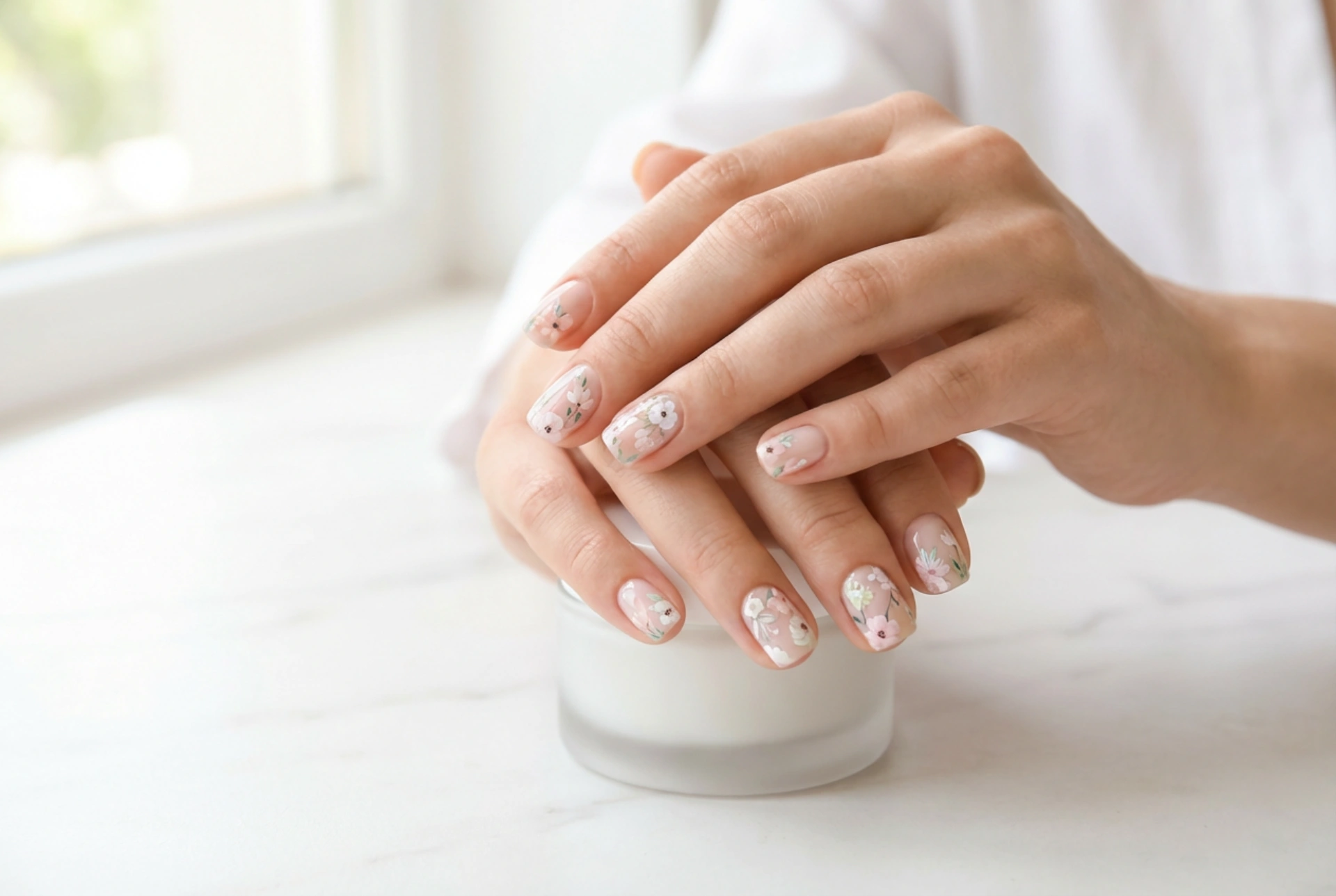 Adesivos de flores para unhas: composições, fundo e finalização com top coat