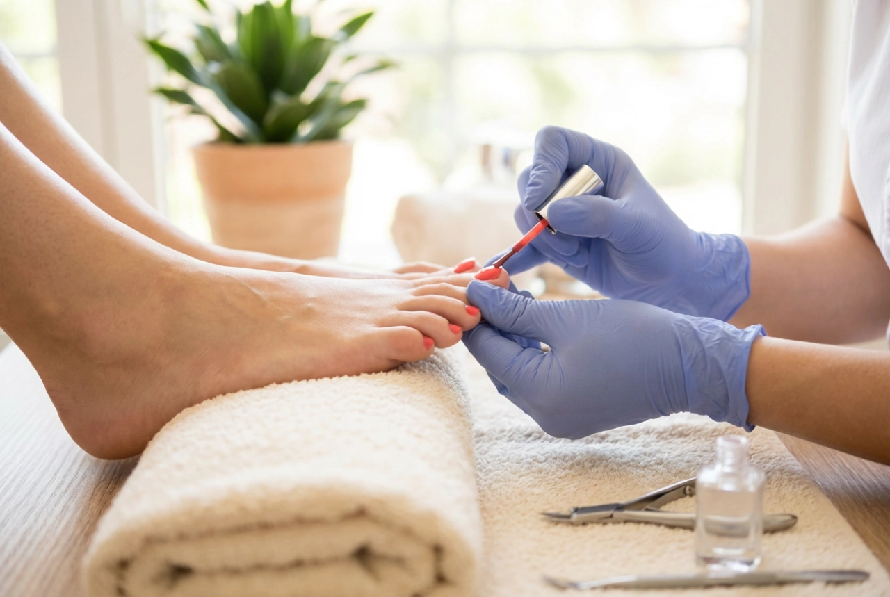 Pedicure híbrida nos pés: preparação da lâmina, pintura e finalização