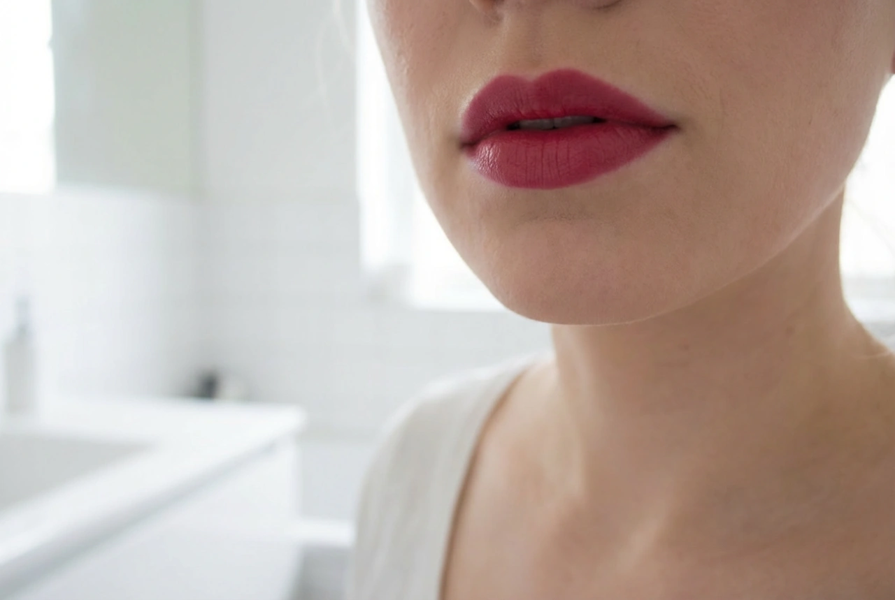 Batom vermelho com pigmento azul: vermelho frio, dentes mais brancos e longa duração