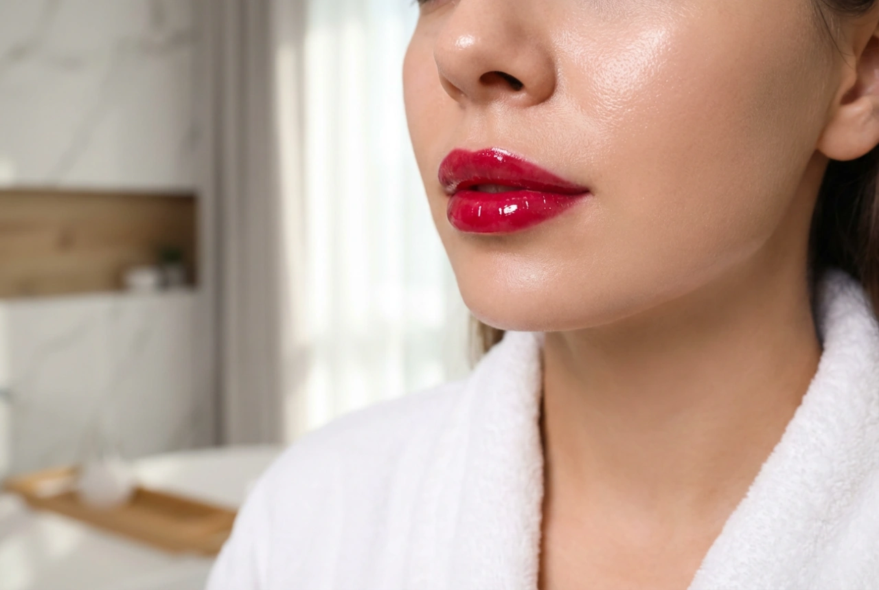 Brilho labial vermelho: lábios vermelhos luminosos sem contorno